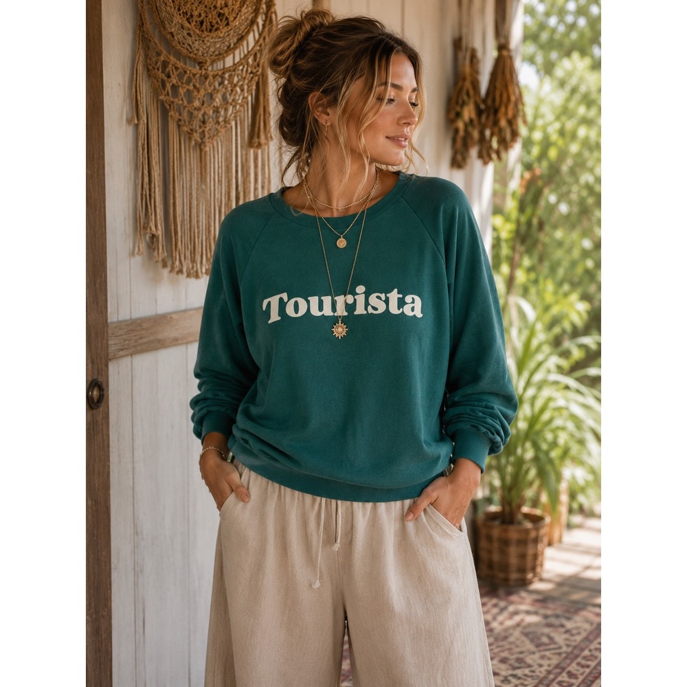 Wildfox Tourista Graphic Sweatshirt Teal Green Cotton Raglan Pullover Small NEW